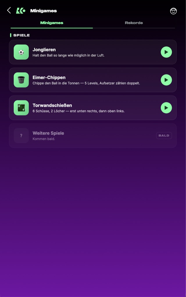 Der Minigames-Hub in der App